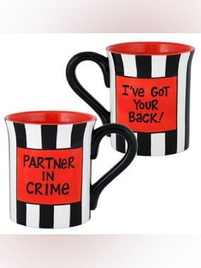 1 Striped Red & Black 'Partner in Crime' Ceramic Mug - shown is front and back